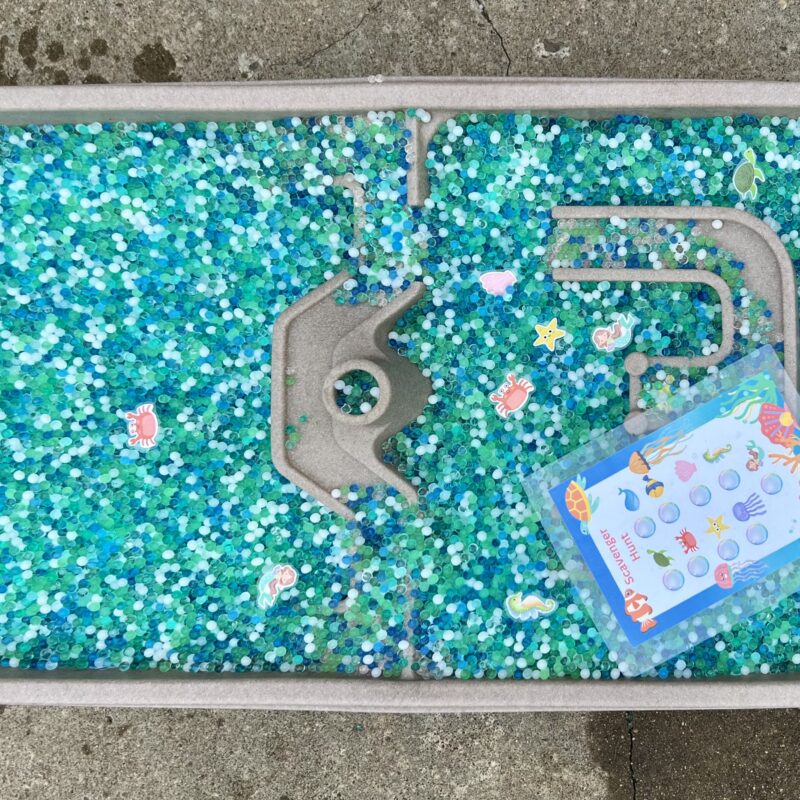A water table filled with water beads; scattered sea creatures sprinkled on top with a photo of a scavenger hunt for those creatures