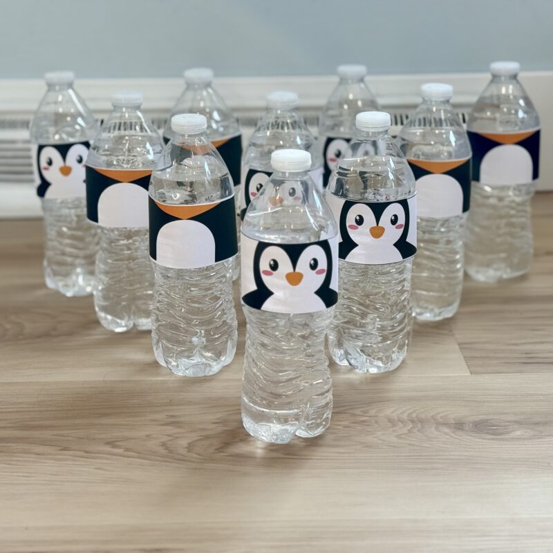 Penguin bowling, water bottles with penguin labels lined up like bowling pins - being used to help kids burn some energy