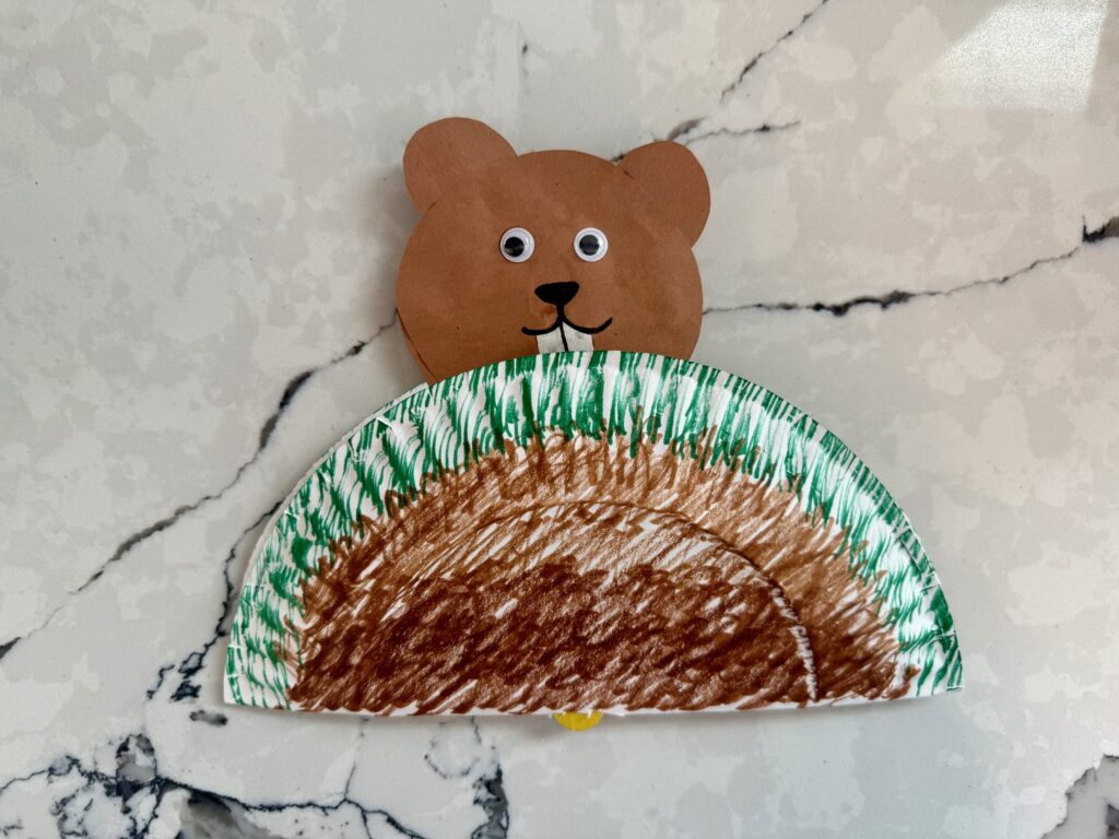 Groundhog Craft: paper plate mound colored brown and green, construction paper groundhog head popping out of the paper plate