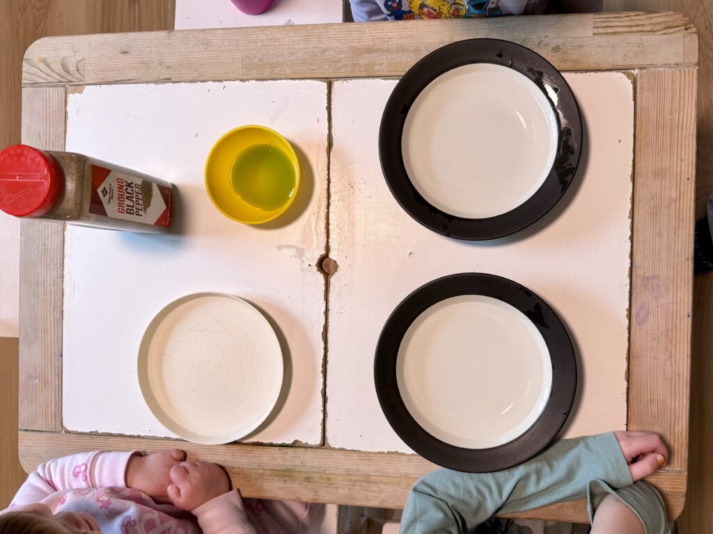 A photo of 3 plates filled with water, a small bowl of dish soap, and a black pepper dispenser. 