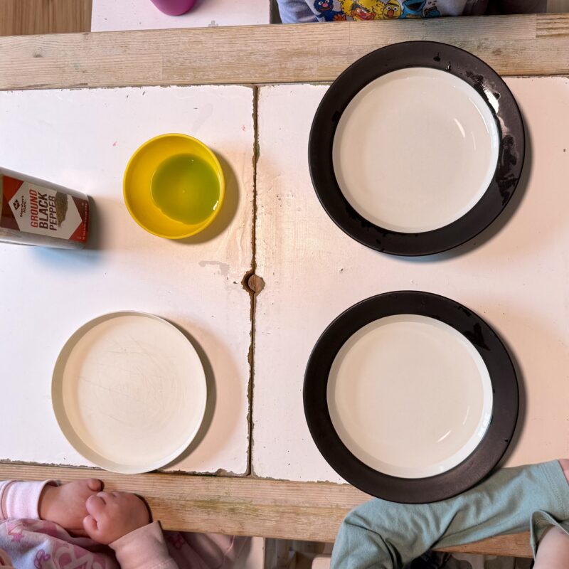 A photo of 3 plates filled with water, a small bowl of dish soap, and a black pepper dispenser. Set up for an experiment about germs vs soap.