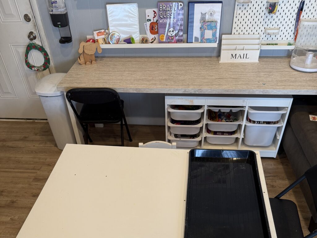 A photo of a desk with chairs, underneath a storage container with bins, shelves with binders, and a sensory table.